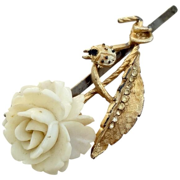 Bridal Ivory Floral Hair Pin Vintage Rose Clip Romantic Botanical Hairpiece - Picture 4 of 5